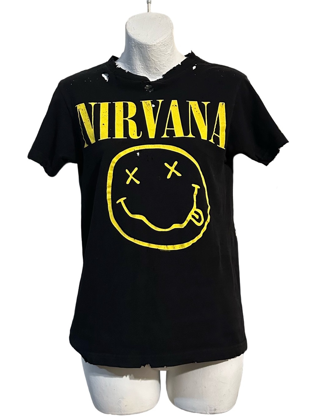 Distressed Nirvana T-Shirt Destroyed  Black Yellow Tultex XS Extra Small Band T